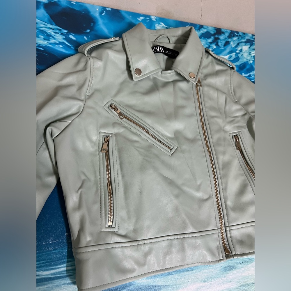 ❄️Zara Women's mint green Sage Moto Leather Jacket with Sleek Modern Feminine - Picture 3 of 13